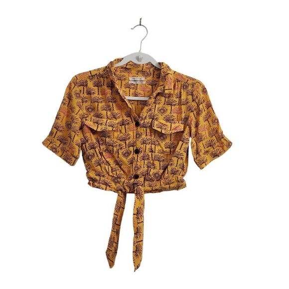 Urban Outfitters Crop Top Small Yellow Palm Tree Tie‎ Front Button-Up Blouse UO - Picture 1 of 9
